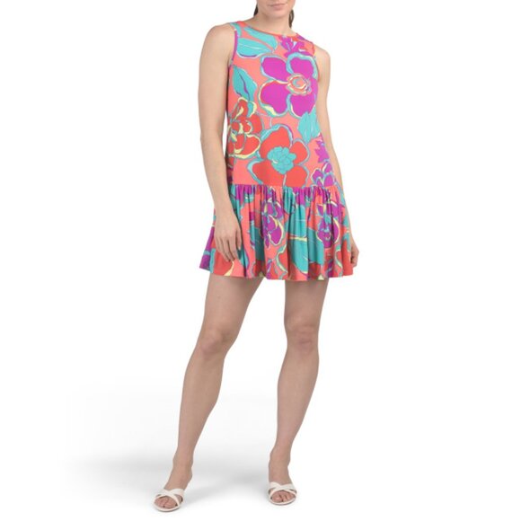 TRINA TRINA TURK Coral Multi Jordyn Ruffle Hem Floral Mini Dress - Picture 1 of 2